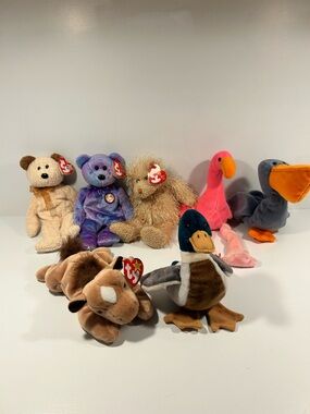Ty Beanie Babies 8 Lot Jake Duck Derby Horse Pinky Flamingo Scoop Pelican w Tags